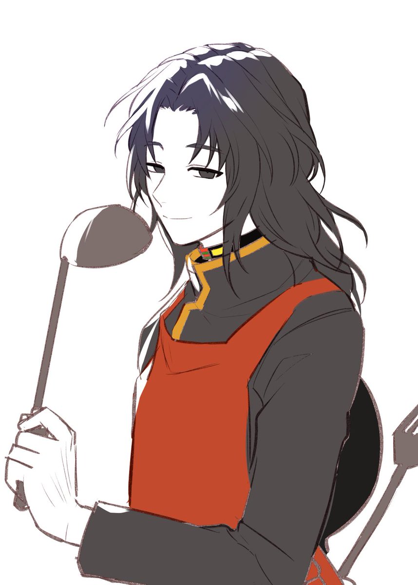 1boy male focus solo black hair white background ladle apron  illustration images