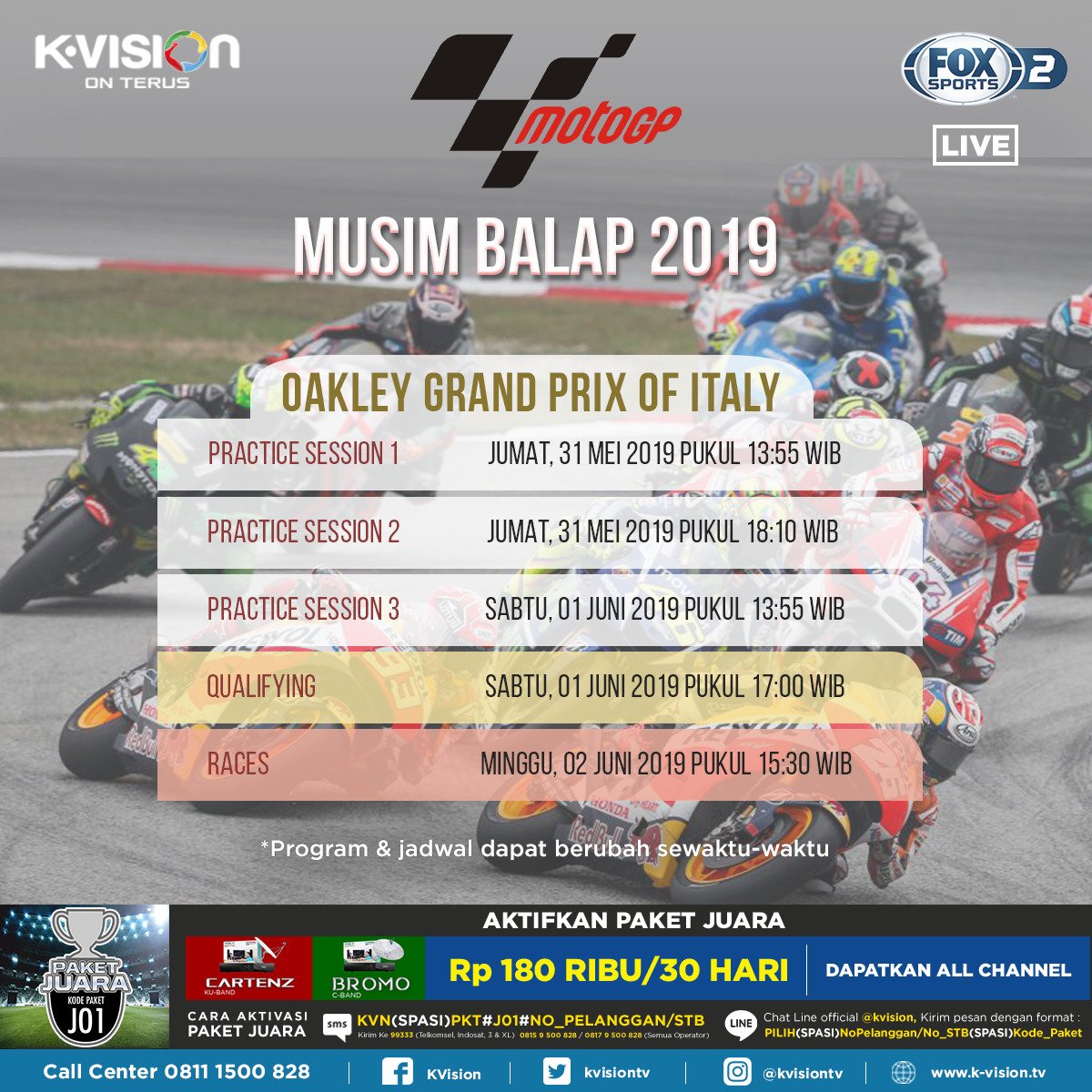 MotoGP pekan ini bakal digelar di Sirkuit Mugello, Italia!

Jangan lewatkan OAKLEY GRAND PRIX OF ITALY, mulai hari Jumat, pukul 13:55 WIB, LIVE di FOX Sports 2, hanya di K-Vision On Terus!

#kvision #kvisiononterus #MotoGP #MotoGPItaly