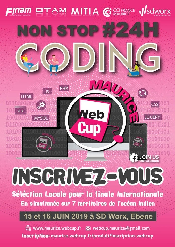 ccifm_mu's tweet photo. [WEBCUP 2019] 

Prêts pour un nouveau web challenge?
Les inscriptions à la #Webcup #Maurice sont ouvertes! 
Premiers inscrits, premiers sélectionnés! Inscrivez-vous sur le lien : https://t.co/BPT8GjoS0X 

#Comores #Seychelles #Réunion #Madagascar #Rodrigues #Mayotte https://t.co/r1BsTfdoac