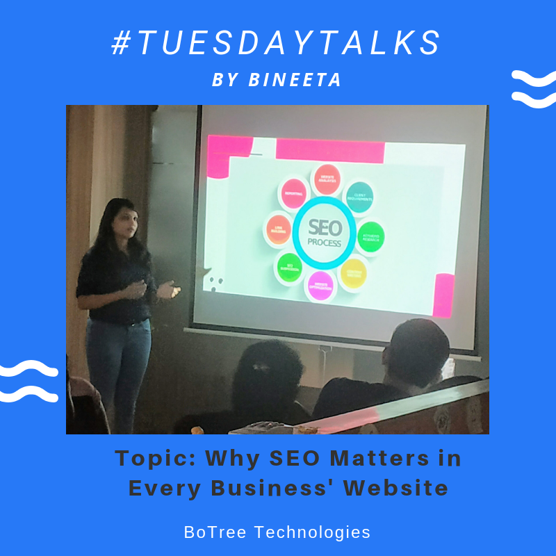 BoTreeTech's tweet photo. Thankyou for the excellent #TuesdayTalks session on #why #SEO matters in every #business' #website by @BineetaParmar.
#BoTreeCulture #DM #SearchEngineOptimization #BoTreeDigital https://t.co/yULTVg1bNd