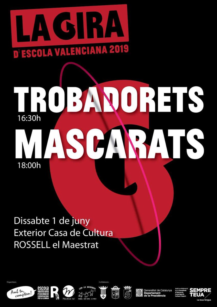 TROBADORETS's tweet photo. Mare, mare, mare, com ve el cap de setmana!!!
Si teniu ganes de Xalar ens vorem:  👉 divendres, 18 hores,  Castelló, Festa solidària per María i Marta
👉 dissabte, 16'30 hores, Rossell, Trobada d'escoles del Maestrat
👉 diumenge, 20 hores, Riba-roja, XIX Fira del Comerç
#aXalar https://t.co/toID0Mb4hG