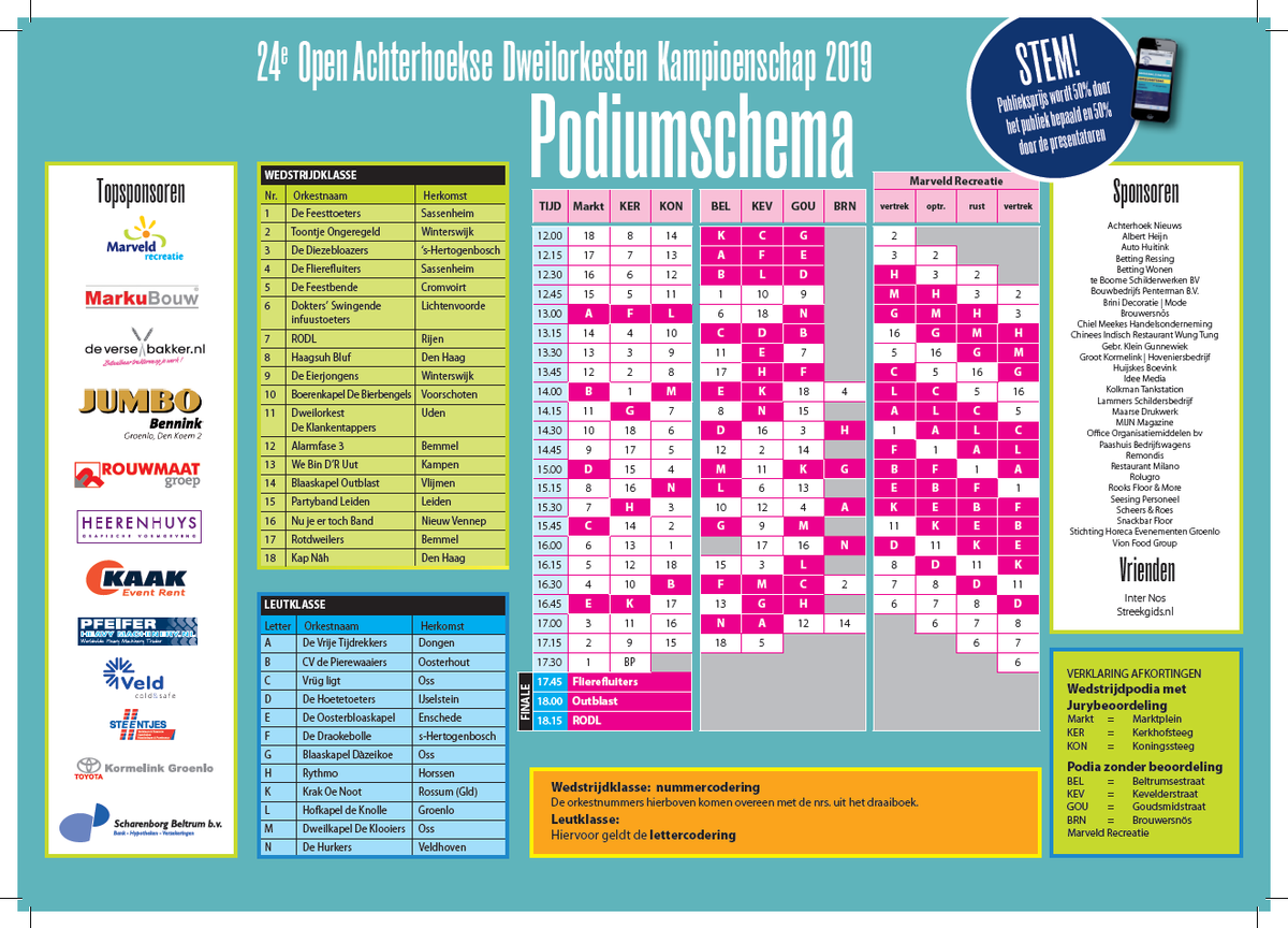 DODGroenlo's tweet photo. Morgen is het dan zover, om 12.00u start dan de 24e editie van @Dweilorkestendag Groenlo. Hieronder het podiumschema+plattegrond welke morgen af te halen zijn aan onze info stand! Nu nog even met z'n allen duimen voor een droge dag s.v.p.!🙏 https://t.co/fztuUaehlH