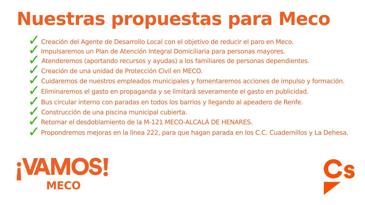 CsMeco's tweet photo. 🍊Mi agradecimiento a todos mis compañeros de @CsMeco y a los vecinos que nos han votado, ya que gracias a ellos, Ciudadanos ha conseguido representación en el Ayuntamiento de MECO. Tenemos  dos Concejales 🍊🍊 para sacar adelante nuestras propuestas. #VamosCiudadanos #VamosMeco https://t.co/C2urbnrGRS
