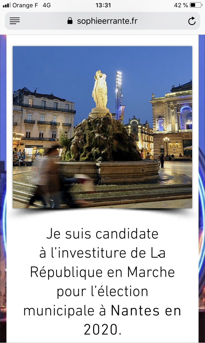 EmmanuelVautier's tweet photo. La députée du Vignoble Sophie Errante (LREM) se déclare candidate pour l’investiture à Nantes avec, sur son site, une photo de la place Graslin.... de Montpellier😅 https://t.co/Fild5ugpGE #municipales2020 #Nantes #LREM #Montpellier https://t.co/lgJpVsmgEA