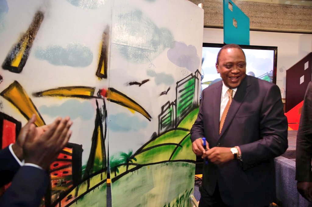 UNISNairobi's tweet photo. President Uhuru Kenyatta supports the young talent by signing the grafitti art done by young artistic ladies at the #UNHabitatAssembly after #PartnershipAndPledging conference.
#LeavingNoOneBehind #Innovate4Change https://t.co/b6FtKJ7Ydw