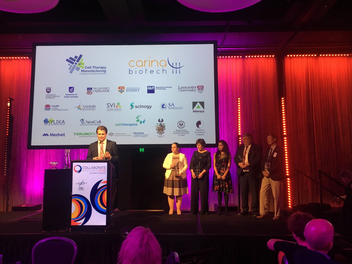 CarinaBiotech's tweet photo. At @crcassoc awards... #crcawards @CTMCRC has just won Excellence in Innovation award for the creation of Carina Biotech, the brain child of our MD Dr Justin Coombs &amp; Prof Simon Barry. #Cancer #immunotherapy https://t.co/q86e7lzenF
