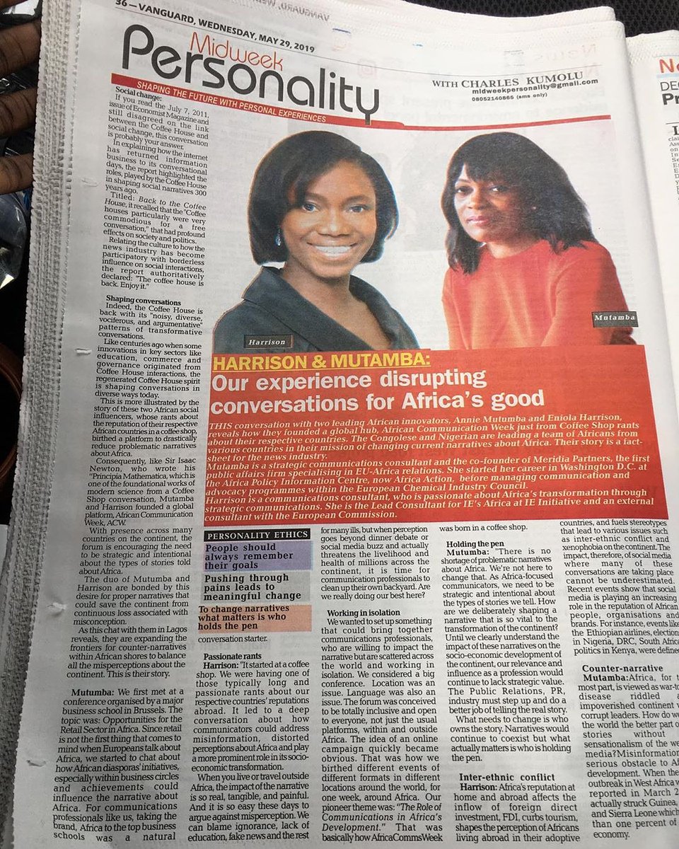 AfricaCommsWeek's tweet photo. Our co-founders are in the @vanguardngrnews today! 
#WeCantKeepCalm 💃

It's always great to see #AfricaCommsWeek in the news but so much more exciting to see the brains and hearts behind it being highlighted. 
Our visionaries are just getting started👏🔥 https://t.co/NhXTaLTh4R