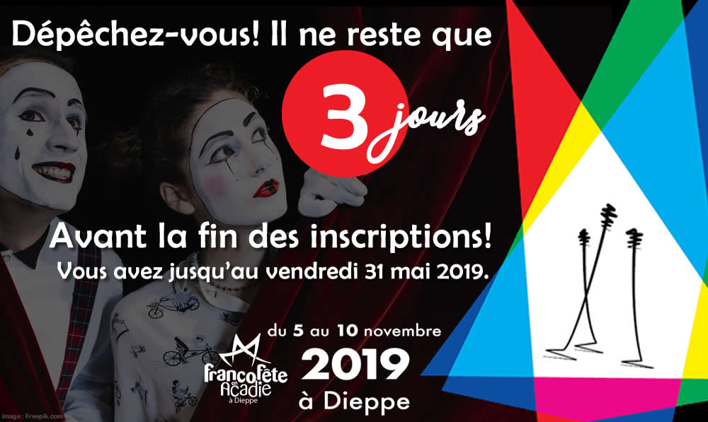 Dépêchez-vous! Il ne reste que 3 jours avant la fin des inscriptions aux vitrines de la FrancoFête en Acadie. Nous avons hâte de vous découvrir!
Rendez-vous sur radarts.ca/francofete
#francofeteenacadie #artistesfrancophones #dieppenb #musiquefrancophone