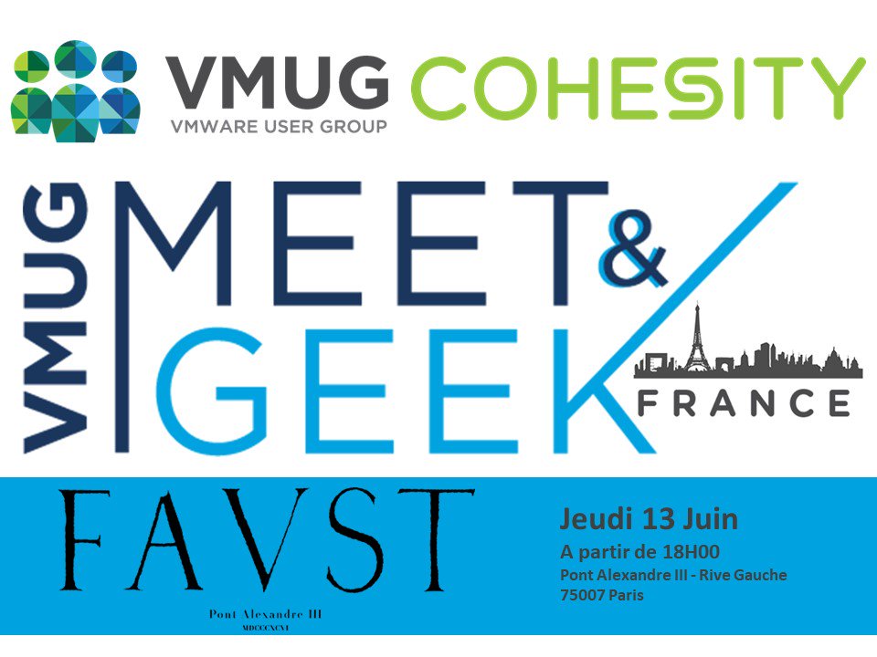 Hello la #VMUGFR community!! 🍻 On vous propose un Meet&amp;Geek avec notre sponsor <a href="/Cohesity/">Cohesity</a> 
🗓️13 Juin 2019 au FAUST à Paris VII
⏲️A partir de 18H00
Inscription ▶️ forms.office.com/Pages/Response… <a href="/MyVMUG/">VMware User Group</a> #VMUG