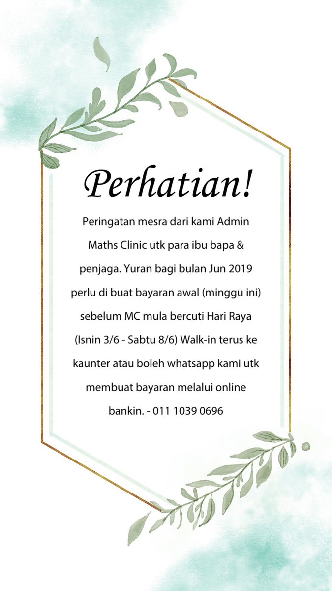 mc_ampang's tweet photo. Perhatian kpd semua #McapStudent jangan lupa ingatkan parents tentang yuran Jun 2019 perlu dijelaskan awal dalam minggu ini juga. Terima kasih, harap maklum. 👇🏽 https://t.co/qaBYGh4a4I