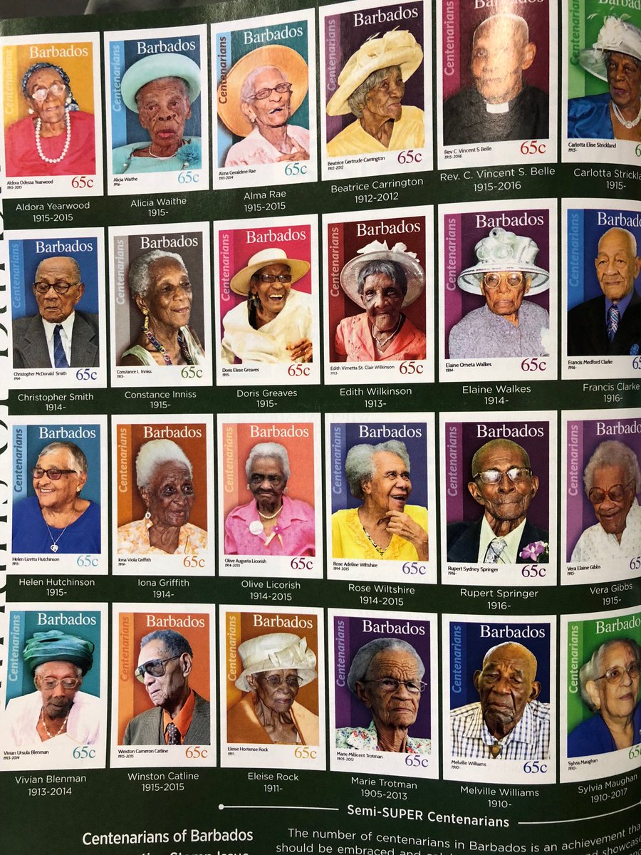 AndrewBloch's tweet image. When you reach 100 years old in Barbados, you get a stamp in your honour. There are currently 114 people alive with their own stamps.