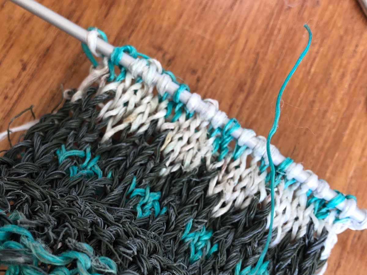 I’ve been processing old rope off the beach, knitting it into Fairisle pot scrubbers. #shetlandwoolweek #recycle #ghostgear #beachclean #reddup #knitting #rope