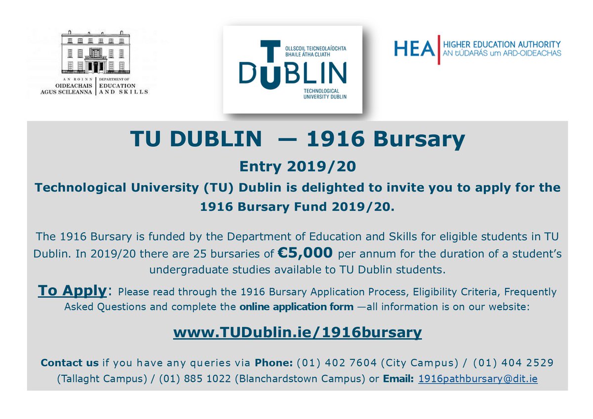 tudublinaccess's tweet photo. Reminder - Friday 31st May is closing date for applications for the 1916 Bursary Fund.  For further information click here:  https://t.co/AkQGcbWF0D
@WeAreTUDublin @TUDublin_BN @CareersTallaght @TUDublinCivEng https://t.co/LCO0LZtUpA
