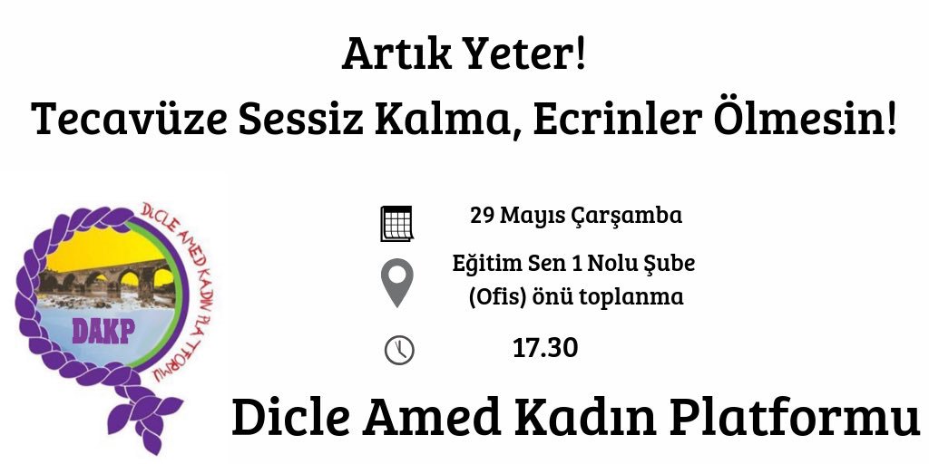 AmedKadin's tweet photo. Artık yeter! Tecavüze sessiz kalmamak ve Ecrin bebeklerin sesi olmak için tüm halkımızı bugün saat:17.30 da “Ses vermeye” çağırıyoruz.
Yer: Eğitim-Sen 1 Nolu Şube (Ofis) önü @amedihd @Diyarbakirbaro @diyartabip @egitimsen21 @rosakadinderne1 https://t.co/08CpnfgHIn