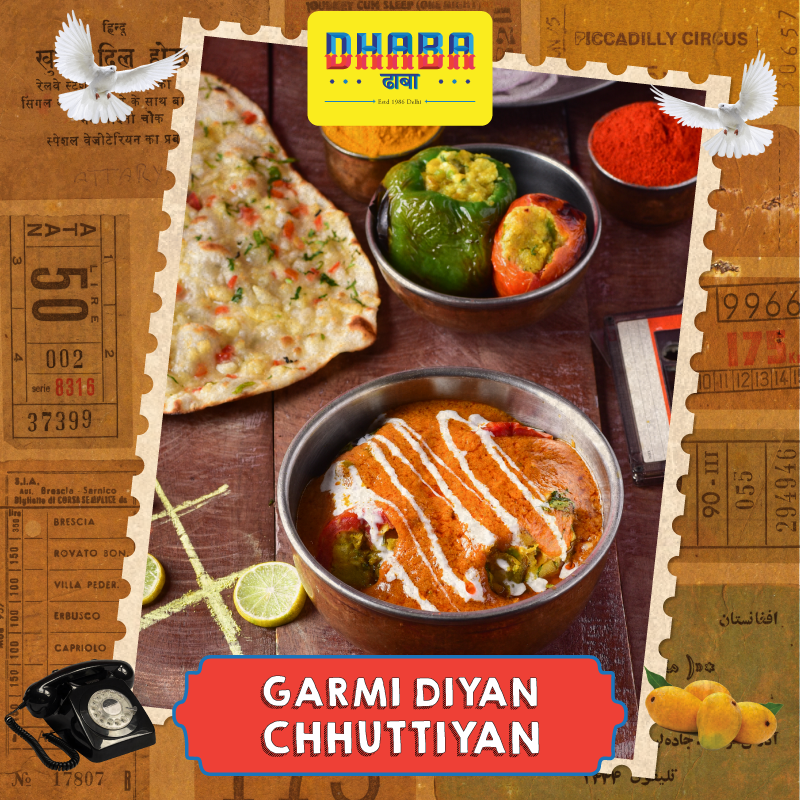 dhaba1986's tweet photo. Oye #Dhaba waalon! Dhaba laya summer da josh with “Garmi Diyan Chhuttiyan” menu! Seasonal dishes jaise BHARWAN SHIMLA MIRCH, to add to your gupshup, kahaniyan &amp; meethi memories. Log onto https://t.co/SKJoRkbRhw to make a booking at your nearest Dhaba! #Swadanusaar #GarmiDaJosh https://t.co/n6GrT6TDpz