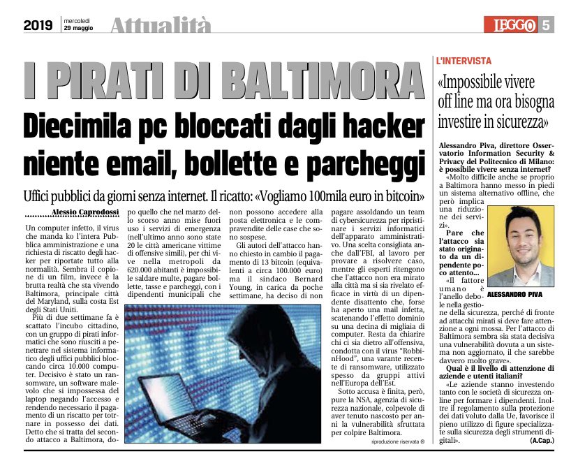 #Baltimora, una città bloccata. <a href="/PivaAlessandro/">Alessandro Piva</a> <a href="/leggoit/">Leggo</a> #CyberSecurity