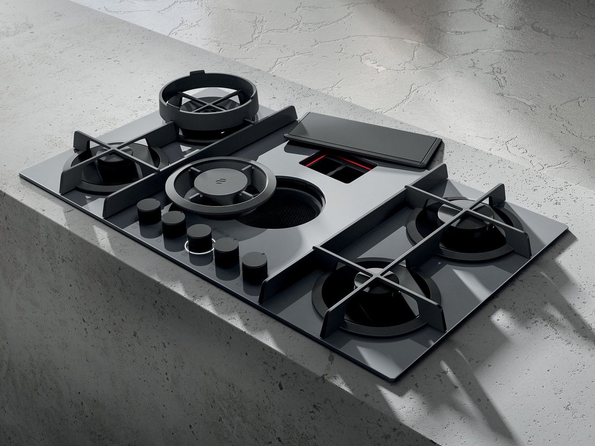 NikolaTesla Flame from Elica is the first gas extractor hob. It features four burners and one auxiliary; a cast iron plate for pan support, a multi-purpose wok support and electronic extraction control. More here: elica.com/GB-en/hobs/nik…