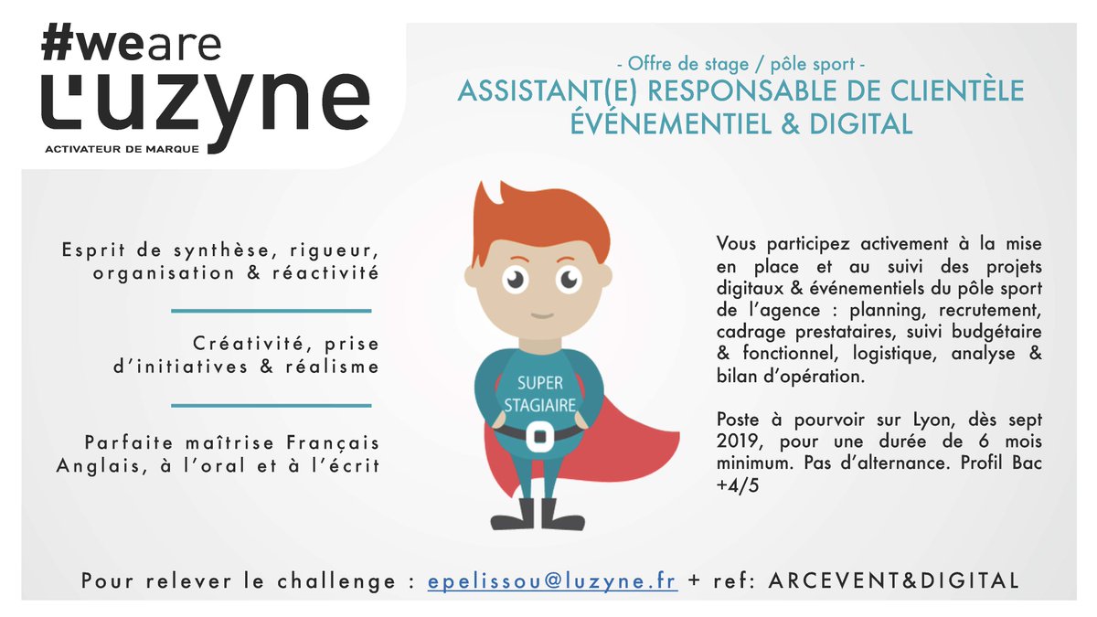 luzyne_fr's tweet photo. [Offre de Stage] La saison des stages est ouverte ! Nous recherchons pour Sept 2019, notre futur(e) stagiaire #chefdeprojet dans l’équipe #Sport @el0die08 !

Stage de 6 mois @VilledOullins @villedelyon 

#brandactivation #MarketingSportif #digital https://t.co/owVOJL1169