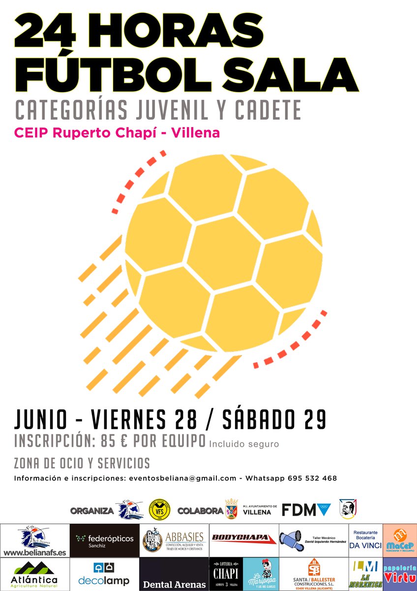 Ayer colgábamos el cartel de completo en nuestro III Torneo Juan Rubio y hoy os avisamos de que en las 24 horas que organizamos junto al Villena Fútbol Sala, estamos terminando de completar categorías.
#Beliana #Villena #Fútbol #Sala #Futsal
belianafs.es