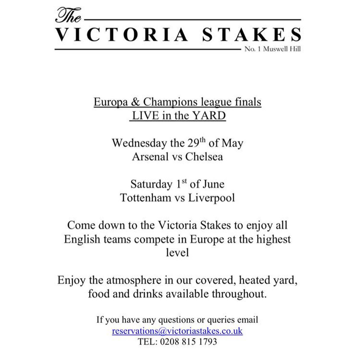 Tonight launches BT sports showing in our Yard at the Victoria Stakes.                
Europa League Final
Champions League Final
FIFA Women’s World Cup
Cricket World Cup
Wimbledon 2 screens, great food, craft beer and more
#matchpint #n8 #n10 #yourlocal #loveyourlocal