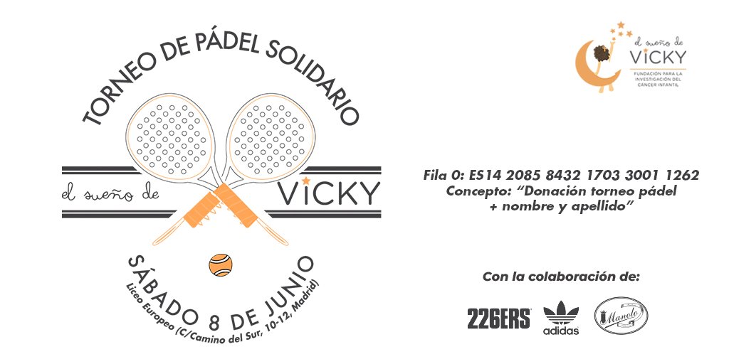 🎾¿Sin planes para el fin de semana que viene? 👇
PARTIDO DE #PADEL #SOLIDARIO con <a href="/elsuenodevicky/">elsueñodevicky</a> 
Sábado 8 de junio en <a href="/LiceoEuropeo/">Liceo Europeo</a> Madrid. ¡Te esperamos!
#Colabora #Familia #Solidarity #Niños