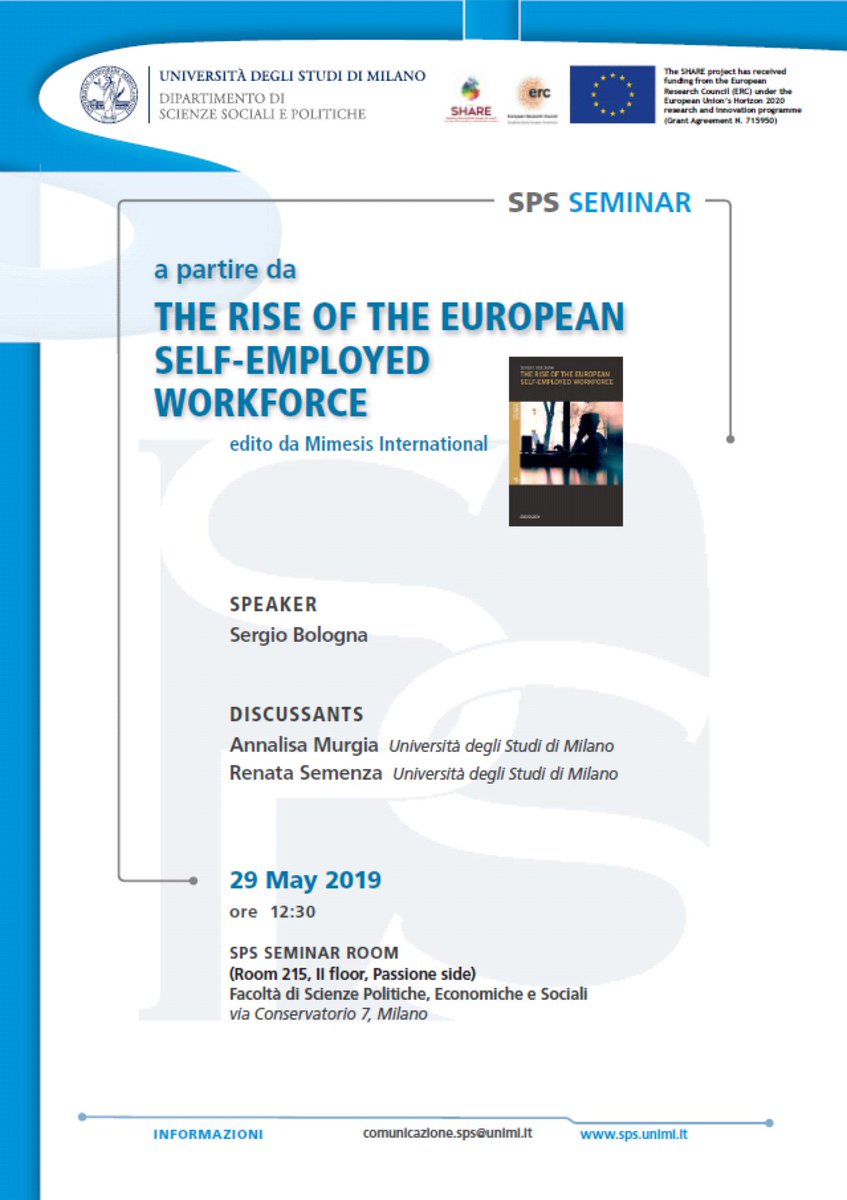 Today at 12.30 p.m. _SPS Seminar 'The Rise of the European Self-employed Workforce'_ SPS Seminar room, Via Passione 13