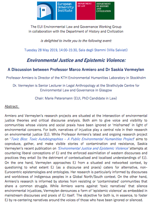 MariePetersmann's tweet photo. Fascinating workshop on ‘Environmental Justice & Epistemic Violence’ @EuropeanUni ft Marco Armiero director @KTHEnvHumsLab & Saskia Vermeylen @scelg as part of 2-days conf on ‘Repositioning Environmental Colonialism in Current Historiography’! #envhum #ToxicBios #narrativejustice https://t.co/ZNK2WwIp9h