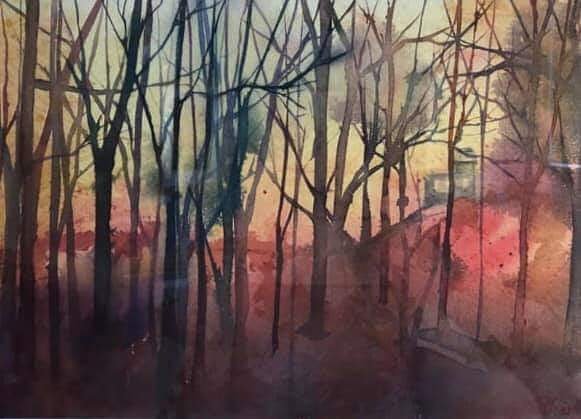 Sonya Tatham has switched from glistening silver bark to dramatic silhouette. The light and atmosphere in this lovely watercolour are sublime. #art #tree #silhouette #localartist #Sussex 
#atmosphere #Watercolour #light