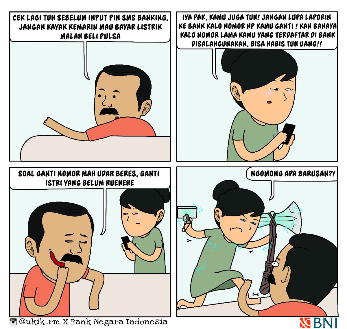 BNI's tweet photo. Kali ini Nyokap &amp; Bokap Beni lagi seneng banget, baru dapet sms notifikasi transferan THR. Lumayan buat bayar listrik via BNI SMS Banking. Jangan lupa, kalau ganti nomor HP, update ke Kantor Cabang BNI terdekat agar tidak ada penyalahgunaan nomor lama kamu. #KisahBeniBarengBNI https://t.co/VIeBjcPhim