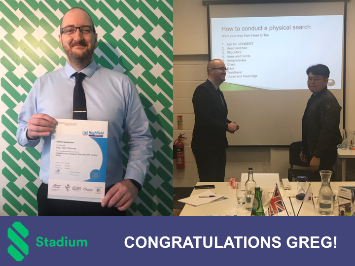 we_are_stadium's tweet photo. Congratulations to Recruitment and Training Co-ordinator, Greg Browning on his @askhighfield Highfield Level 3 award in Education and Training, further strengthening our training team. #trainingcourses #securitytraining #eventtraining https://t.co/qsWcI28ZFQ