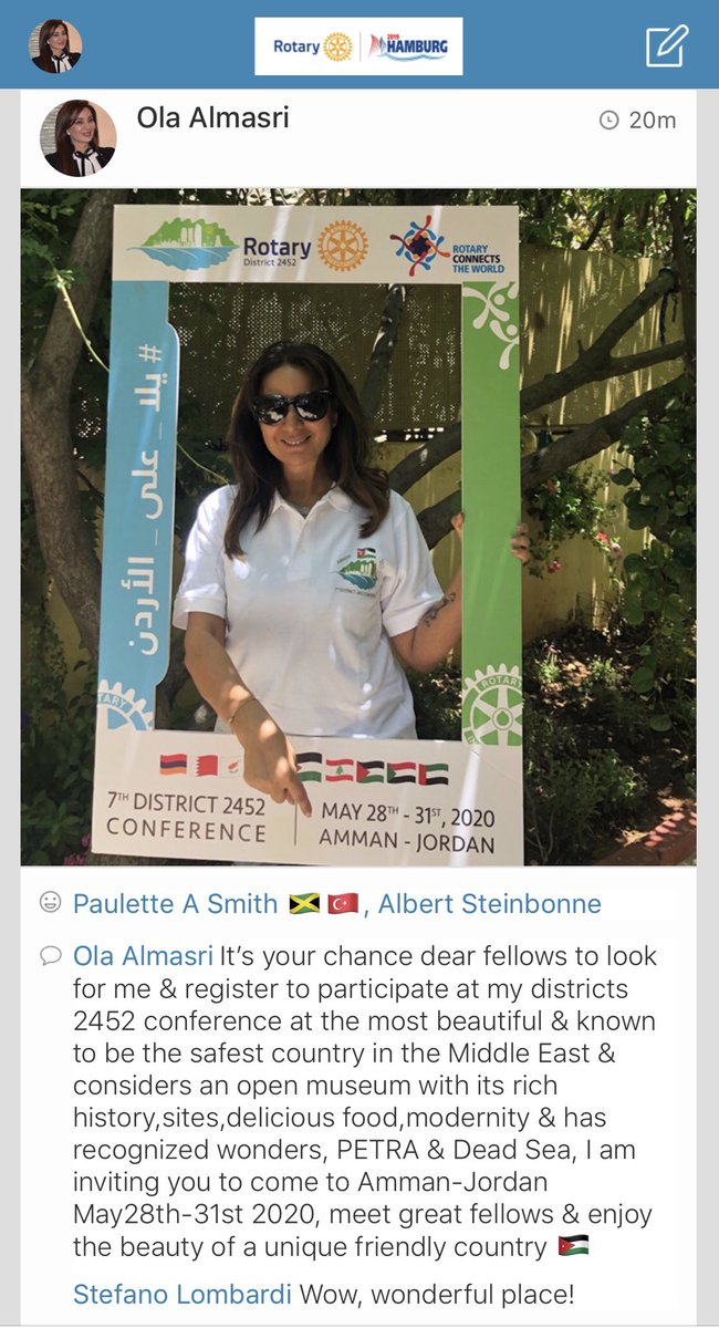 OlaAlmasri's tweet image. It is the duty of all fellow #Rotarians in #Jordan in #rotarydistrict2452 to #promote our incoming #conference I will be participating in the incoming #rotaryconvention2019 in #hamburg find me &amp;amp; register to witness a memorable event
#VisitJordan
#welcometoJordan
#يلا_على_الاردن