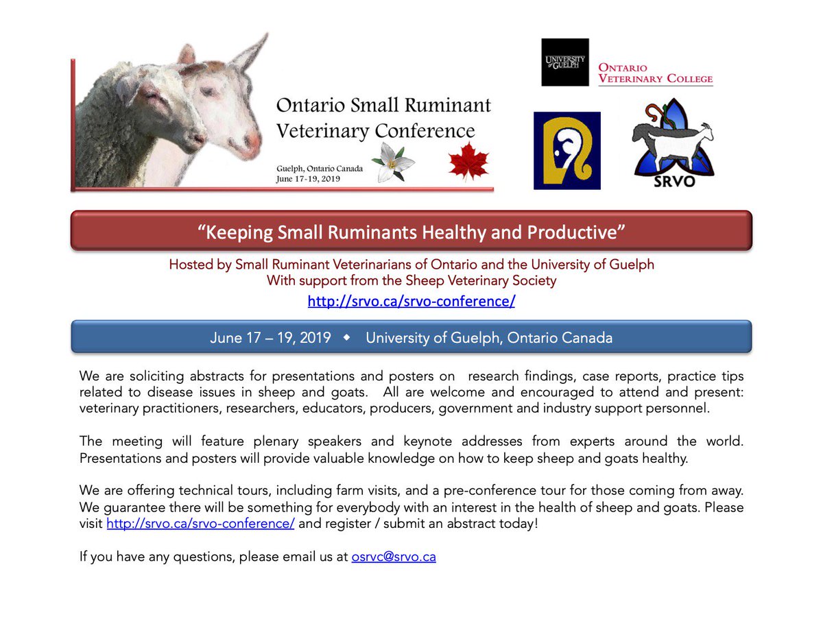 ONLY 3 weeks until Ontario Small Ruminant Veterinary Conference, 17-19 June 2019, Guelph, REGISTRATION CLOSES 6 JUNE. #vets #goats #sheep
<a href="/BritishVets/">BritishVets</a>