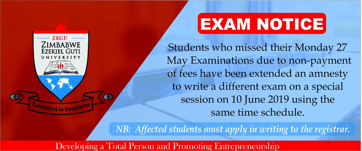 zeguonline's tweet photo. Did you know you can still write your exam this coming 10 June 2019 if you missed it?
#ZEGU #Zimbabwe https://t.co/hT27WvUdhl