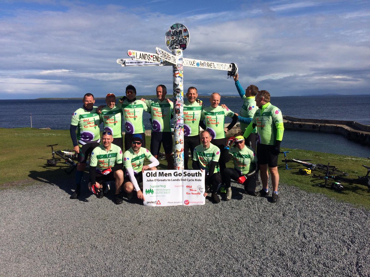 Good Luck to Ian from our #Exeter office who set off from John O'Groats on Sunday with a group of friends (holding the sign on the right). They've already raised almost £20,000 for <a href="/CHSW/">Children's HospiceSW</a> ! 🚴‍♀️🚴‍♂️Good Luck! uk.virginmoneygiving.com/MarkJones164 #OldMenGoSouth #1000MilesToGo