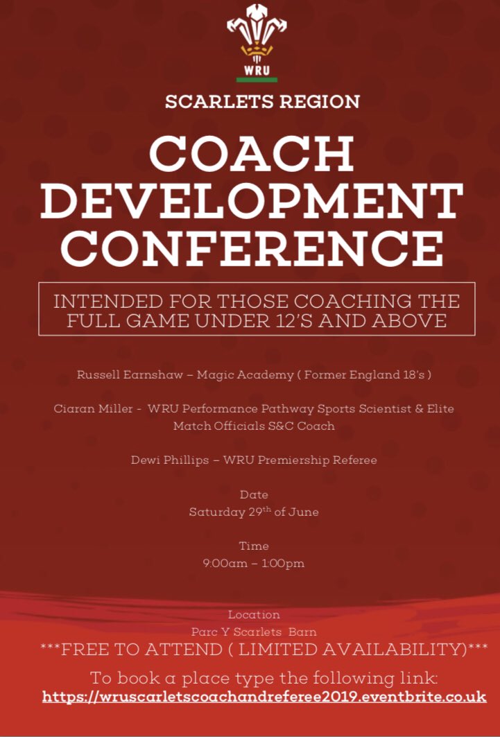 Aled Parry Coach Ed 🏴 (@aledparry) on Twitter photo Calling All Coaches of the full game‼️<a href="/russellearnshaw/">RussellEarnshaw</a> Former England u18’s & founder of <a href="/TheMagicAcad/">The Magic Academy</a> , Ciaran Miller WRU Sport Scientist & Elite match officials S&C, <a href="/WelshRugbyUnion/">Welsh Rugby Union 🏴</a> referee @Aber_Dewi will be delivering on this years <a href="/WRU_Community/">WRU Community - Wrth galon y genedl</a> <a href="/scarlets_rugby/">Scarlets Rugby</a> conference Calling All Coaches of the full game‼️<a href="/russellearnshaw/">RussellEarnshaw</a> Former England u18’s & founder of <a href="/TheMagicAcad/">The Magic Academy</a> , Ciaran Miller WRU Sport Scientist & Elite match officials S&C, <a href="/WelshRugbyUnion/">Welsh Rugby Union 🏴</a> referee @Aber_Dewi will be delivering on this years <a href="/WRU_Community/">WRU Community - Wrth galon y genedl</a> <a href="/scarlets_rugby/">Scarlets Rugby</a> conference