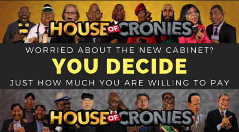 zanews's tweet photo. Do you think you could assemble a cabinet better and faster than our President? House of Cronies is on a limited special offer: pay what you want! Just click, and buy all the politicians you ever dreamed of. White Monopoly Capital gladly accepted. https://t.co/NZGTXn9wV6 https://t.co/iEOdnEiHfL
