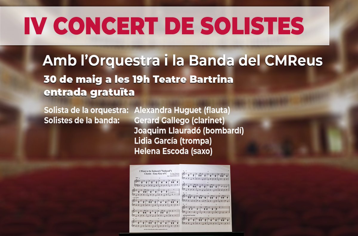🎶El talent del <a href="/cmreus/">Conservatori Reus</a> actua aquest dijous 30/5 al <a href="/BartrinaTeatre/">Teatre Bartrina</a> No us perdeu el concert de cloenda del curs 18/19 a càrrec dels alumnes solistes acompanyats de l'Orquestra de Grau Professional i la Banda de Grau Professional 🎷🥁L'entrada és gratuïta! #ConservatorisDipta