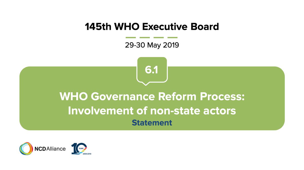 ncdalliance's tweet photo. We support @IOGTInt's statement on #EB145 Item 6.1:
@WHO Governance Reform- Involvement of NSAs:
"Systematic and meaningful engagement with civil society is fundamental to the legitimacy of WHO and its normative leadership role."
Thank you.
👇
➡️ https://t.co/cS0acf8Qxw https://t.co/2MPA7K3GWN