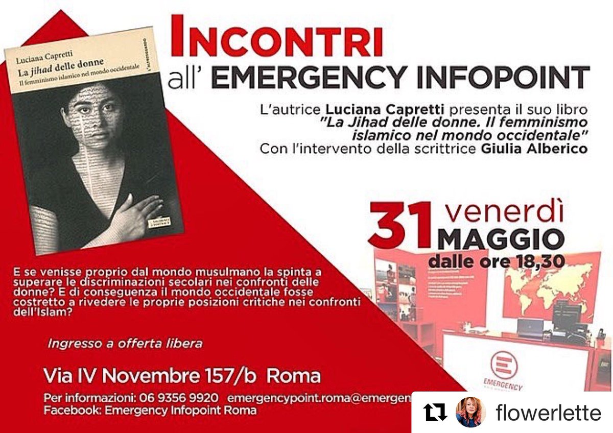 SalernoEditrice's tweet photo. Incontri da non perdere ❤️ “La #jihad delle donne. Il femminismo islamico nel mondo occidentale” di Luciana #Capretti
Venerdì 31 maggio dalle ore 18:30 presso L’Emergency Infopoint di Via IV Novembre 157/b #Roma 
con l’intervento della scrittrice Giulia #Alberico 
@emergency_ong https://t.co/X4BdvwkEIf