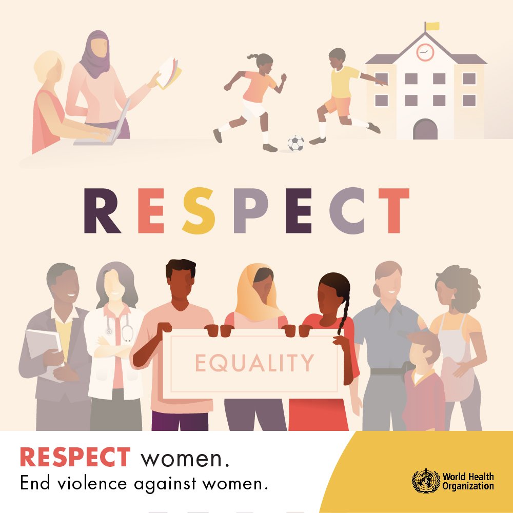 WHO's tweet photo. About 1 in 3 women worldwide have experienced either physical and/or sexual violence in their lifetime.
New RESPECT framework highlights 7 strategies to prevent violence against women https://t.co/nqJpxw2Qpg #EndViolence https://t.co/GBsaVB94K3