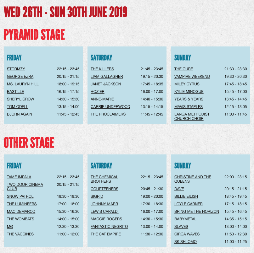 glastonbury's tweet photo. The full #Glastonbury2019 line-up, with set times, is here! Head to https://t.co/aXIArPLUgg to see details of more than 2,800 performances across dozens of stages at this year's Festival. https://t.co/RpVqAr7DJX