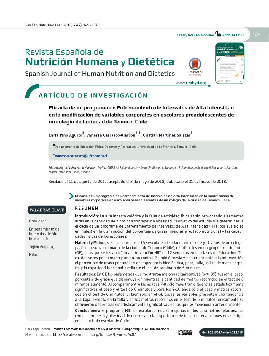 #Investigación Eficacia de un programa de Entrenamiento de Intervalos de Alta Intensidad en la modificación de variables corporales en escolares preadolescentes de un colegio de la ciudad de Temuco, Chile: ow.ly/BTcY30lDfBQ