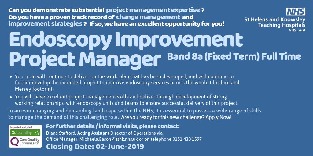 mwl_recruitment's tweet image. We&apos;re looking for an exceptional and dynamic #projectmanager to lead this exciting improvement programme for Endoscopy services across the whole Cheshire and Mersey footprint. Apply now: buff.ly/2X8MwVa

#ProjectManagement #ImprovementProgramme #ChangeManagement