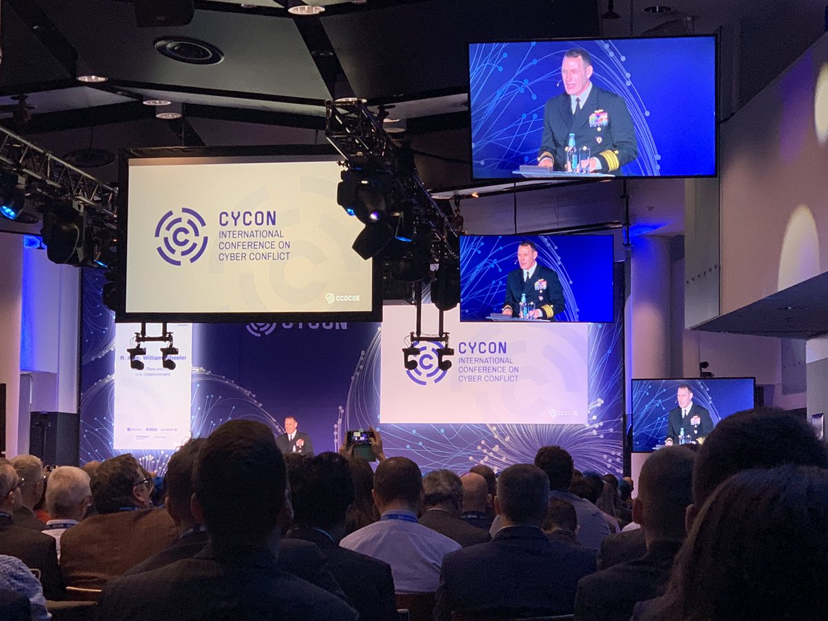 ArmyCyberInst's tweet photo. R. Adm. William Wheeler, director of plans and policy, @US_CYBERCOM, addresses the need for ‘persistent engagement’ in the cyber domain to defend against adversaries at @ccdcoe #CyCon2019 in Tallinn, Estonia. https://t.co/YC9Hc3n3Cy