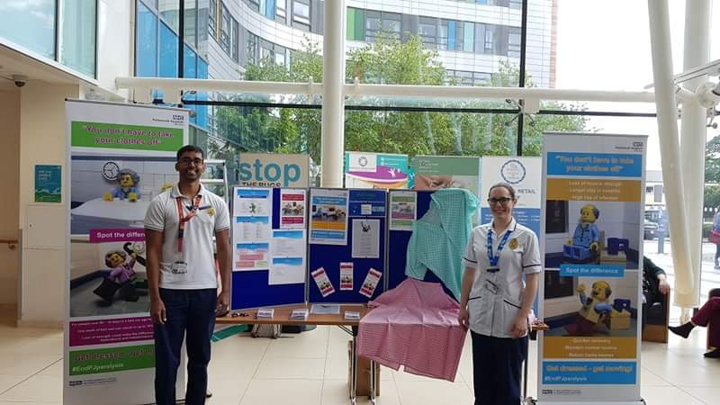 SarahJPomfret's tweet photo. Supporting #endpjp week at PHT today. Therapists and education teams in the main entrance promoting the benefits of patients getting up, dressed and moving on our wards @QAHospTherapies. Spot the posters, banners and trolley dashes coming to a ward near you soon! https://t.co/rB6mLzhNa6