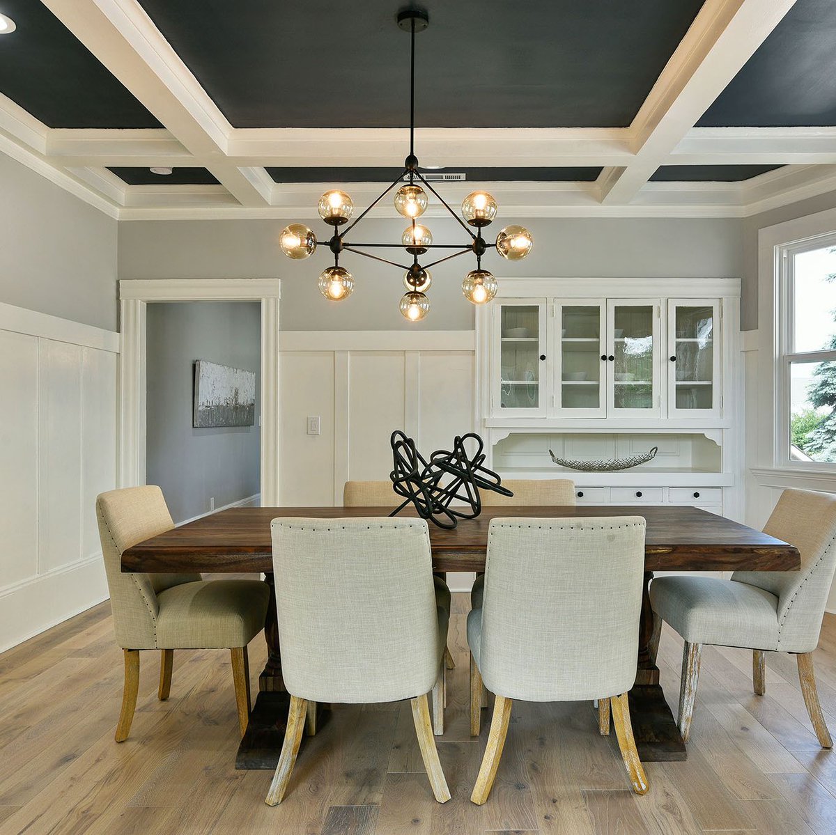 Classic elegance meets modern craftsman. WhiteOak hardwood, HaleNavy ceiling, sputnik chandelier &amp; restored 1890 built-ins 😍   #bayarearealestate#oaklandrealestate#oaklandhomes #craftsmanhome #weloveinteriors#halenavy#whiteoakfloors#designbuild#sputnikchandelier#designandbuild
