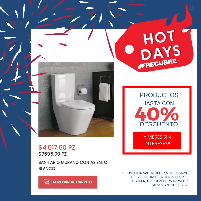 Durante nuestros🔥HOT DAYS🔥 encuentra lo mejor de #Helvex con un increíble 40% de descuento en
nuestras sucursales. Equipa tu baño o cocina con la garantía de calidad que esta marca mexicana 🇲🇽 te ofrece.

Checa todas nuestras promociones aquí: recubre.com.mx/promociones/