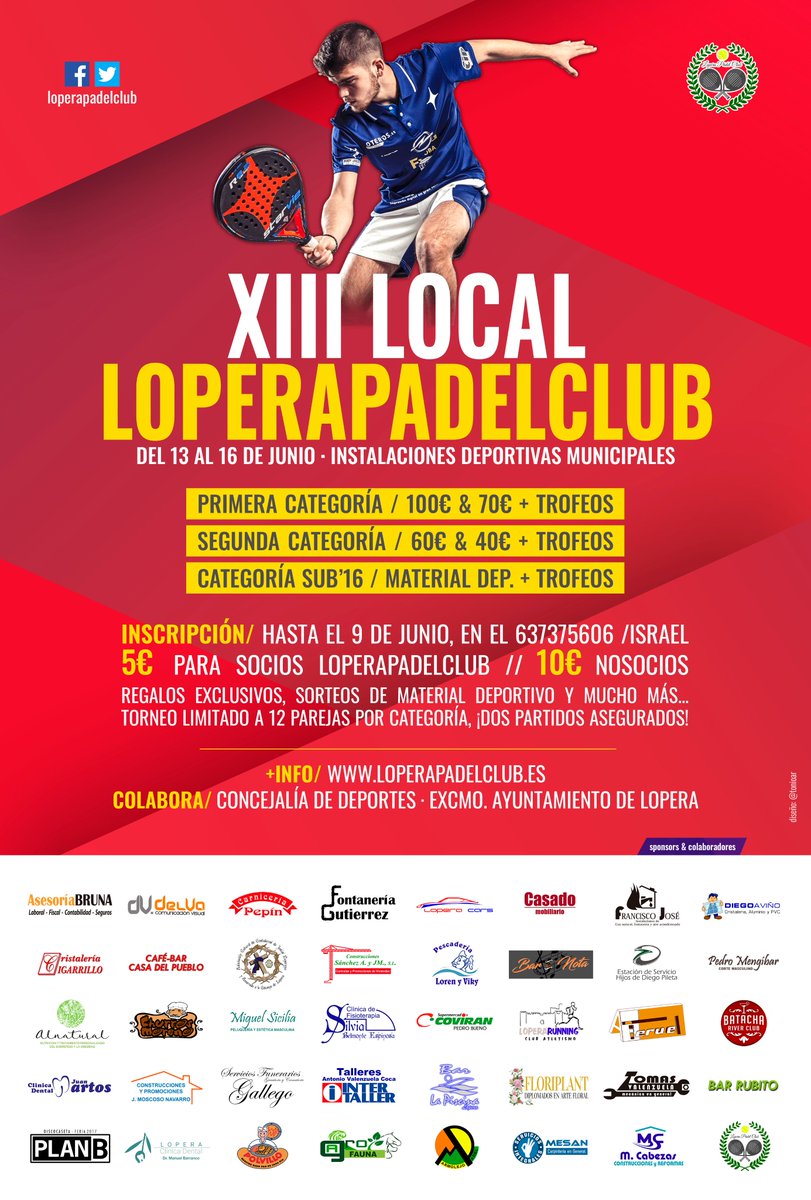 LoperaPadelClub's tweet photo. 📢 Los días 13, 14, 15 y 16 de #junio de 2019 las Instalaciones Deportivas Municipales acogerán nuestro“XIII Torneo Local #Lopera #Pádel Club”. ¿Juegas? 🎾🎾 https://t.co/d0nQNrCdDc