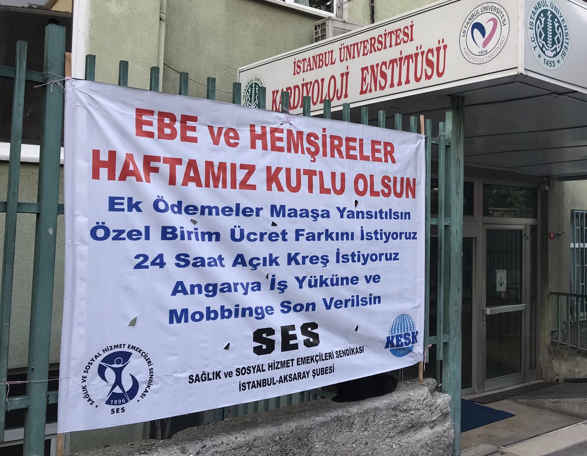 grev gozcusu on twitter istanbul da bir sendika hastaneye pankart asmis saglik calisanlarinin sorunlarini ve taleplerini duyuruyor baska bir sendika da karsisina burada yetkili benim yazmis ee yetkinin ebelere ve hemsirelere etkisi nedir