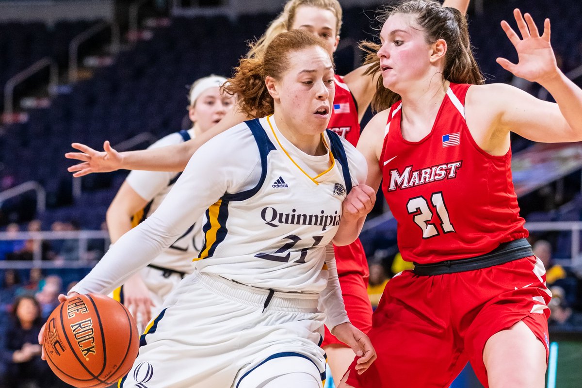 QU_WBB's tweet photo. It's only fitting that we kick off our new weekly feature #WinWednesday with our most notable win of the season. 

We defeated Marist, 81-51, on March 11 to clinch our third straight MAAC Championship. These four players combined for 69 points on 52% shooting in the win. https://t.co/AvVe2gf17g